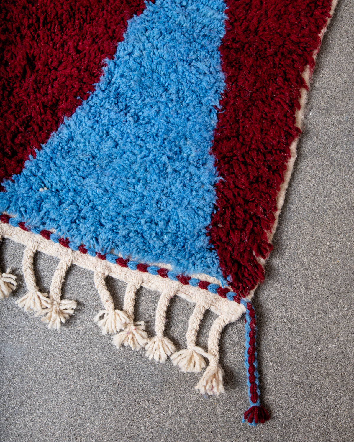 Modern, designer, handcrafted Berber rug from Morocco. Beniourain carpet with beautiful colours and patterns and fluffy wool texture.